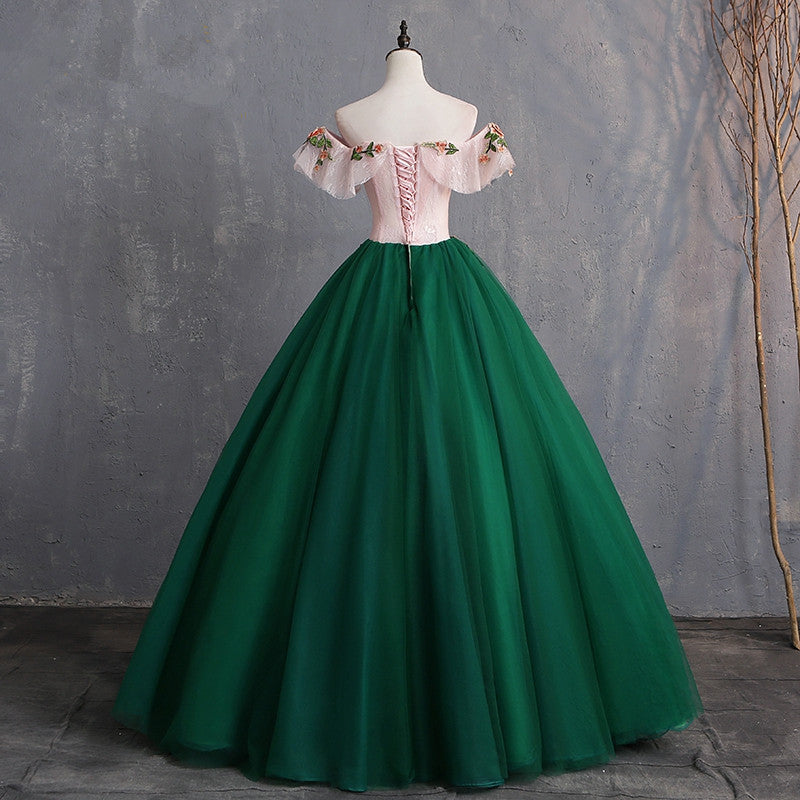 Evening Dress Elegant, Green Off Shoulder Tulle with Lace Formal Gown, Green Evening Sweet 16 Dresses