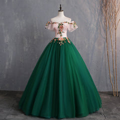 Evening Dress Shop, Green Off Shoulder Tulle with Lace Formal Gown, Green Evening Sweet 16 Dresses