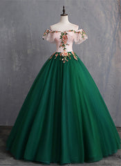 Evening Dresses Online, Green Off Shoulder Tulle with Lace Formal Gown, Green Evening Sweet 16 Dresses