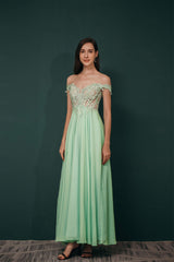 Formal Dresses Gowns, Off The Shoulder Charming Long Chiffon Prom Dresses With Appliques