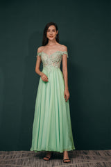 Formal Dresses Elegant, Off The Shoulder Charming Long Chiffon Prom Dresses With Appliques