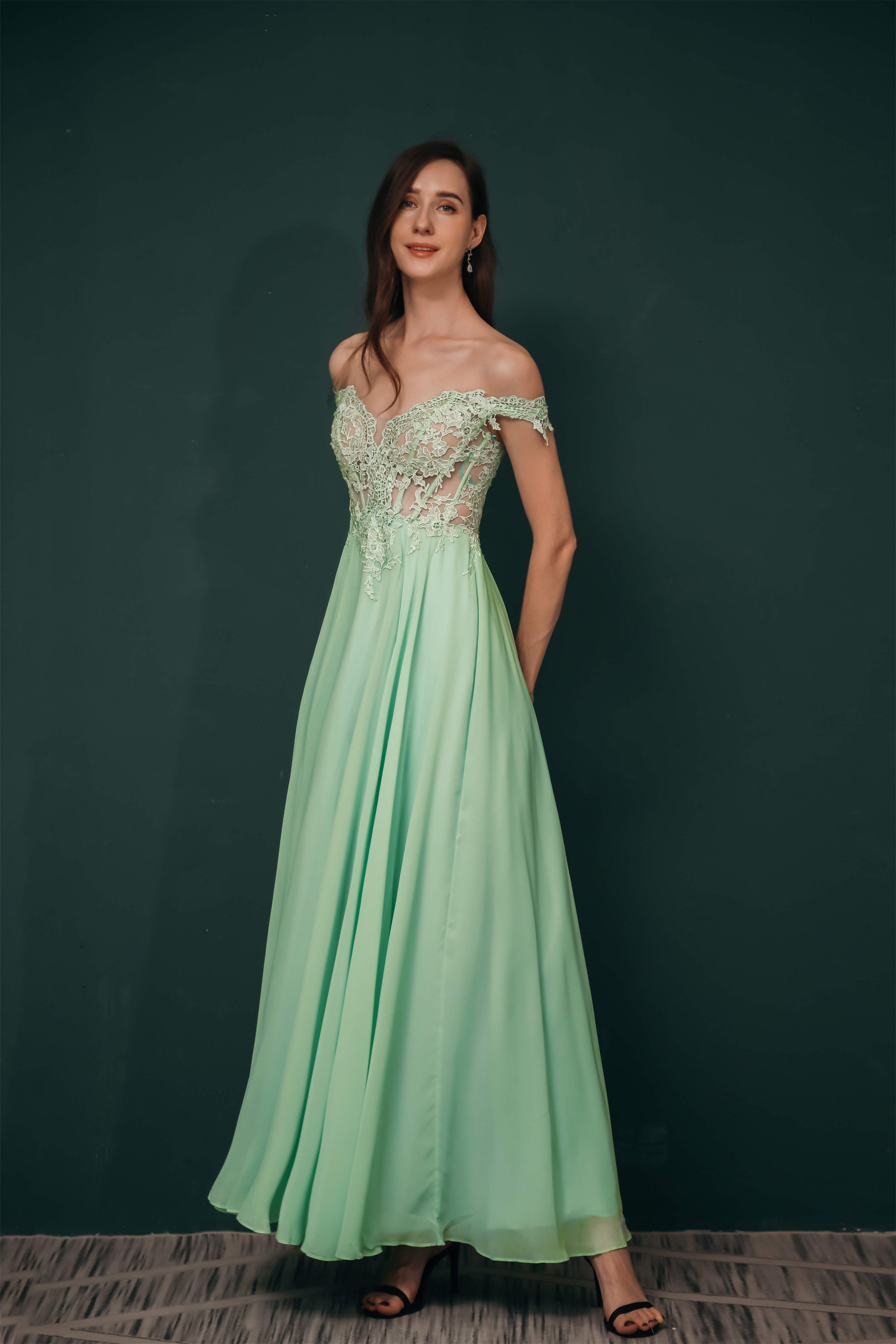 Formal Dress Online, Off The Shoulder Charming Long Chiffon Prom Dresses With Appliques