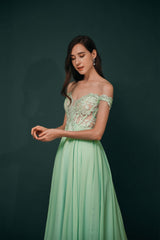 Formal Dresses Ideas, Off The Shoulder Charming Long Chiffon Prom Dresses With Appliques