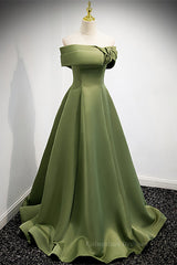 Formal Dress Outfits, Green Off-the-Shoulder Rose-Shaped Pleated Long Formal Dress