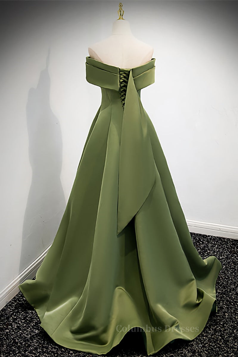 Formal Dress Gown, Green Off-the-Shoulder Rose-Shaped Pleated Long Formal Dress