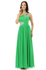 Homecoming Dresses Short, Green One Shoulder Chiffon With Crystal Pleats Bridesmaid Dresses