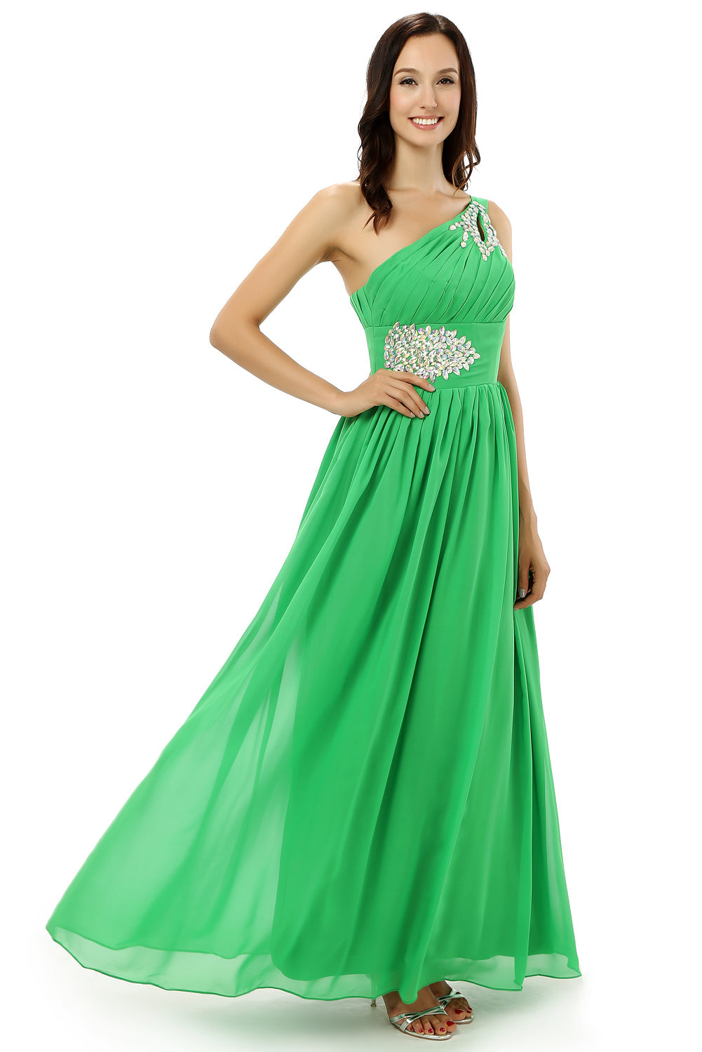 Homecoming Dress Online, Green One Shoulder Chiffon With Crystal Pleats Bridesmaid Dresses
