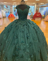 Bridesmaids Dress Styles Long, Green Princess Ball Gown Quinceanera Dresses Sweet 15 Party 3D Flowers Lace Applique Crystal Beads Sequin Birthday Gown