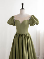 Prom Dressed A Line, Green Puff Sleeves Satin Long Prom Dress, Green Long Formal Dresses
