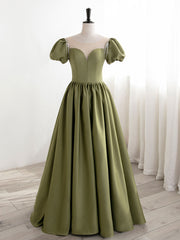 Prom Dress A Line, Green Puff Sleeves Satin Long Prom Dress, Green Long Formal Dresses