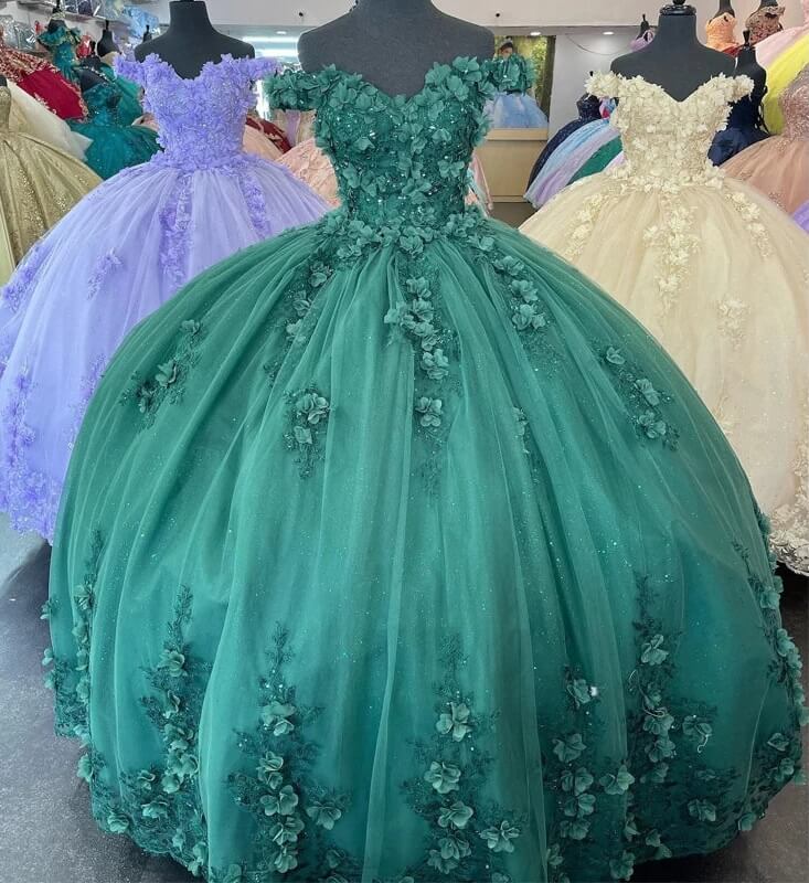 Prom Dress Pink, Green Quinceanera Dresses 3D Flower Applique Vestidos De 15 Anos