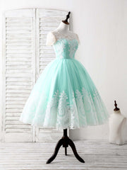 Classy Dress, Green Round Neck Lace Applique Tulle Short Prom Dresses