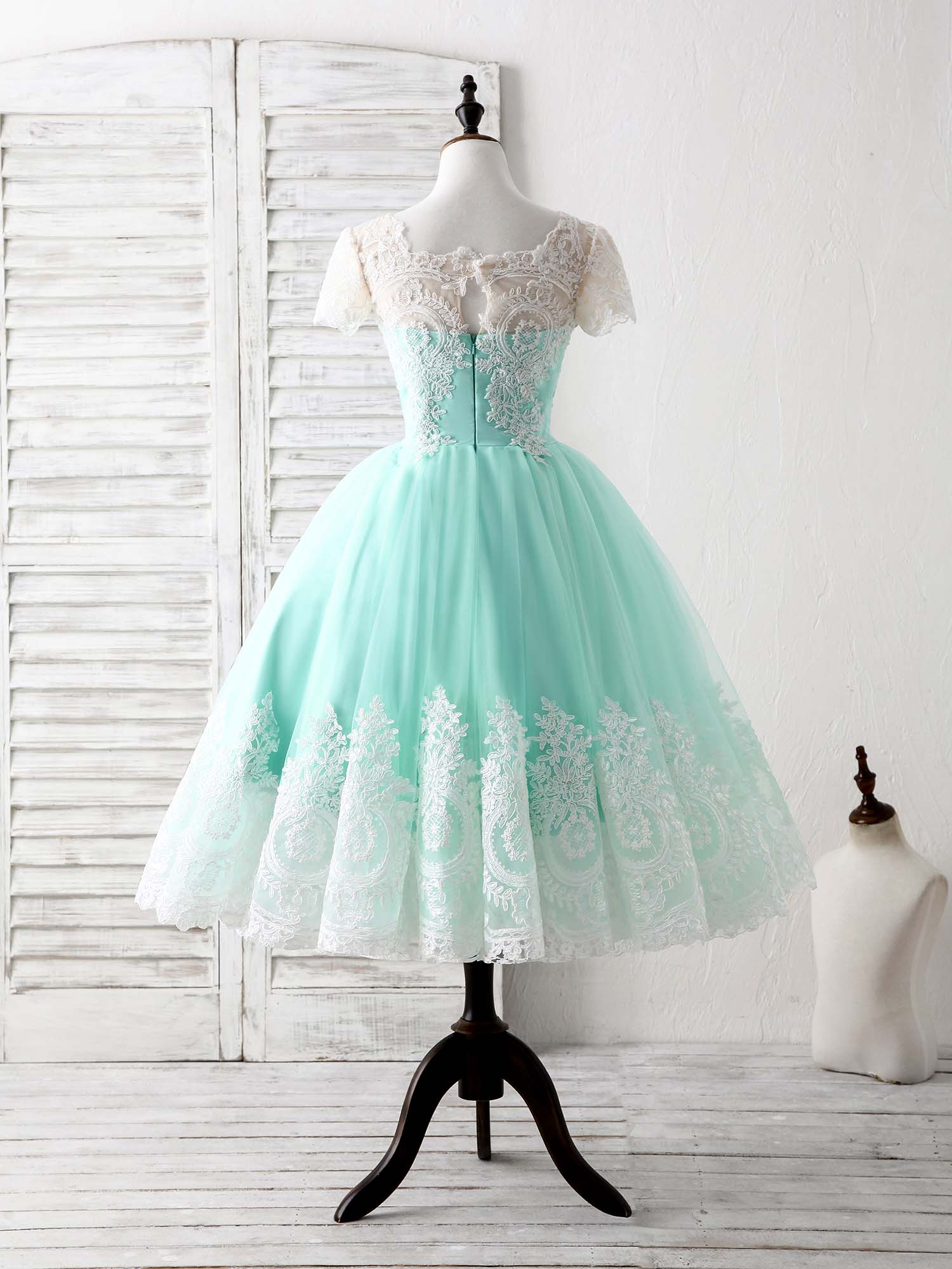 Semi Formal Dress, Green Round Neck Lace Applique Tulle Short Prom Dresses