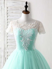 Purple Dress, Green Round Neck Lace Applique Tulle Short Prom Dresses