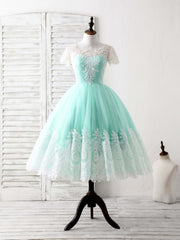Silk Dress, Green Round Neck Lace Applique Tulle Short Prom Dresses