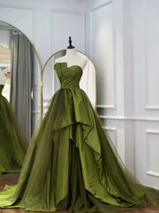 Bridesmaids Dresses Beach Wedding, Green Ruffle Tiered Prom Dresses Strapless, Green Long Party Dress