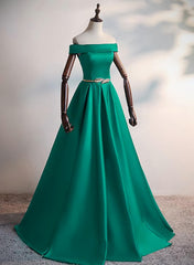 Bridesmaids Dress Shopping, Green Satin A-line Long Off Shoulder Simple Prom Dress, Green Formal Dress Evening Dress