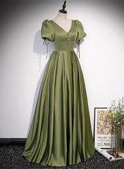 Party Dress Wedding, Green Satin A-line Puffy Sleeves A-line Prom Dress, V-neck Simple Long Formal Party Gown