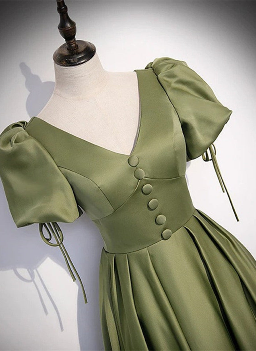 Party Dress Night, Green Satin A-line Puffy Sleeves A-line Prom Dress, V-neck Simple Long Formal Party Gown