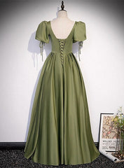 Party Dress Design, Green Satin A-line Puffy Sleeves A-line Prom Dress, V-neck Simple Long Formal Party Gown