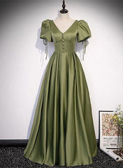 Party Dress Fashion, Green Satin A-line Puffy Sleeves A-line Prom Dress, V-neck Simple Long Formal Party Gown