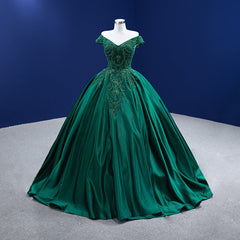Classy Gown, Green Satin Beaded Off Shoulder Long Formal Gown, Green Sweet 16 Dresses