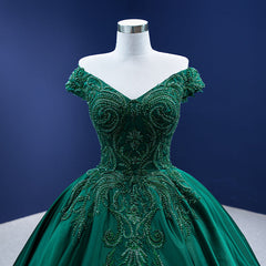 Dress Casual, Green Satin Beaded Off Shoulder Long Formal Gown, Green Sweet 16 Dresses