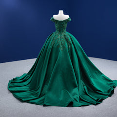 Dressy Outfit, Green Satin Beaded Off Shoulder Long Formal Gown, Green Sweet 16 Dresses