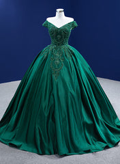 Cocktail Party Outfit, Green Satin Beaded Off Shoulder Long Formal Gown, Green Sweet 16 Dresses