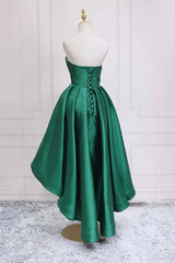 Prom Dresses Spring, Green Satin High Low Prom Dress, Cute Sweetheart Neck Evening Party Dress