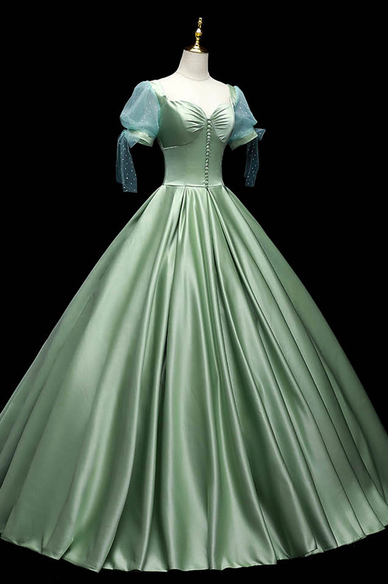 Party Dress Mini, Green Satin Long A-Line Ball Gown, Short Sleeve Green Formal Evening Dress