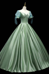 Party Dress Mini, Green Satin Long A-Line Ball Gown, Short Sleeve Green Formal Evening Dress