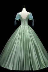 Party Dresses Mini, Green Satin Long A-Line Ball Gown, Short Sleeve Green Formal Evening Dress