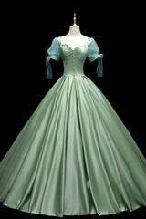 Party Dress Bridal, Green Satin Long A-Line Ball Gown, Short Sleeve Green Formal Evening Dress