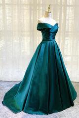 Evening Dress Stores, Green Satin Long A-Line Prom Dress, Simple Off the Shoulder Evening Dress