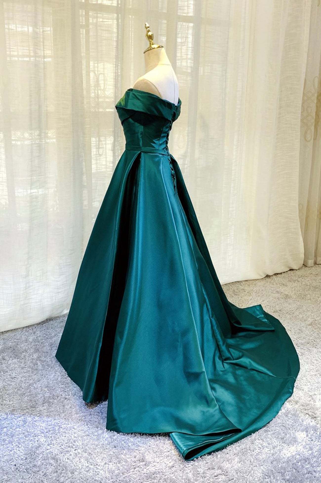 Evening Dresses Stores, Green Satin Long A-Line Prom Dress, Simple Off the Shoulder Evening Dress