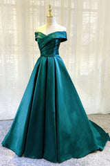 Evening Dress Store, Green Satin Long A-Line Prom Dress, Simple Off the Shoulder Evening Dress
