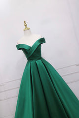 Formal Dresses Modest, Green Satin Long A-Line Prom Dress, V-Neck Off the Shoulder Evening Dress