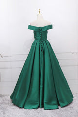 Formal Dress Modest, Green Satin Long A-Line Prom Dress, V-Neck Off the Shoulder Evening Dress