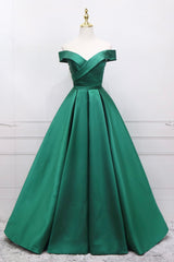 Formal Dress For Beach Wedding, Green Satin Long A-Line Prom Dress, V-Neck Off the Shoulder Evening Dress