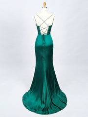 Prom Dress Fabric, Green Satin Long Prom Dresses, Green Mermaid Long Formal Dresses