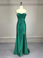 Prom Dress Idea, Green Satin Long Prom Dresses, Green Mermaid Long Formal Dresses