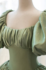 Bridesmaid Dressed Blush, Green Satin Puff Sleeves Long Prom Dress, Green A-Line Formal Dress