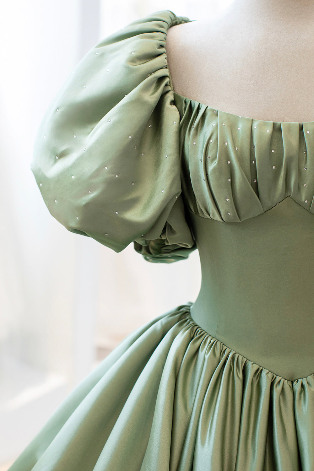 Bridesmaids Dresses Blush, Green Satin Puff Sleeves Long Prom Dress, Green A-Line Formal Dress