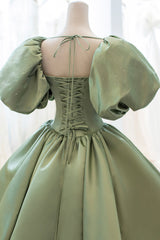 Bridesmaid Dress Blush, Green Satin Puff Sleeves Long Prom Dress, Green A-Line Formal Dress