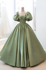 Bridesmaid Dress Blushes, Green Satin Puff Sleeves Long Prom Dress, Green A-Line Formal Dress