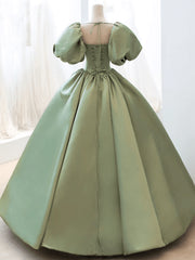 Evening Gown, Green Satin Puffy Sleeves Long Formal Dress, Green Satin Prom Dress Party Dress