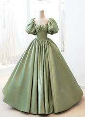Mini Dress, Green Satin Puffy Sleeves Long Formal Dress, Green Satin Prom Dress Party Dress