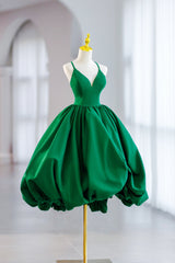 Boho Wedding Dress, Green Satin Short A-Line Prom Dress, Green V-Neck Party Dress