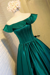 Party Dresses Size 20, Green Satin Short Homecoming Dress, Cute Off the Shoulder Knee Length Prom Dress